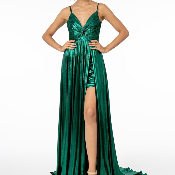 Pleated Bodice Leg Slit Long Dress GSGL2927 - Picture 1 of 3